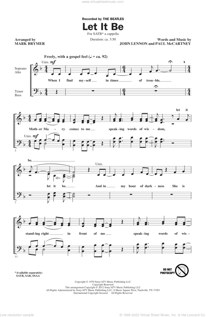 Let It Be (arr. Mark Brymer) sheet music for choir (SATB: soprano, alto, tenor, bass) by The Beatles and Mark Brymer, intermediate skill level