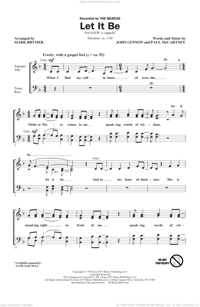 Let It Be (arr. Mark Brymer) sheet music for choir (SATB: soprano, alto, tenor, bass) by The Beatles and Mark Brymer, intermediate skill level