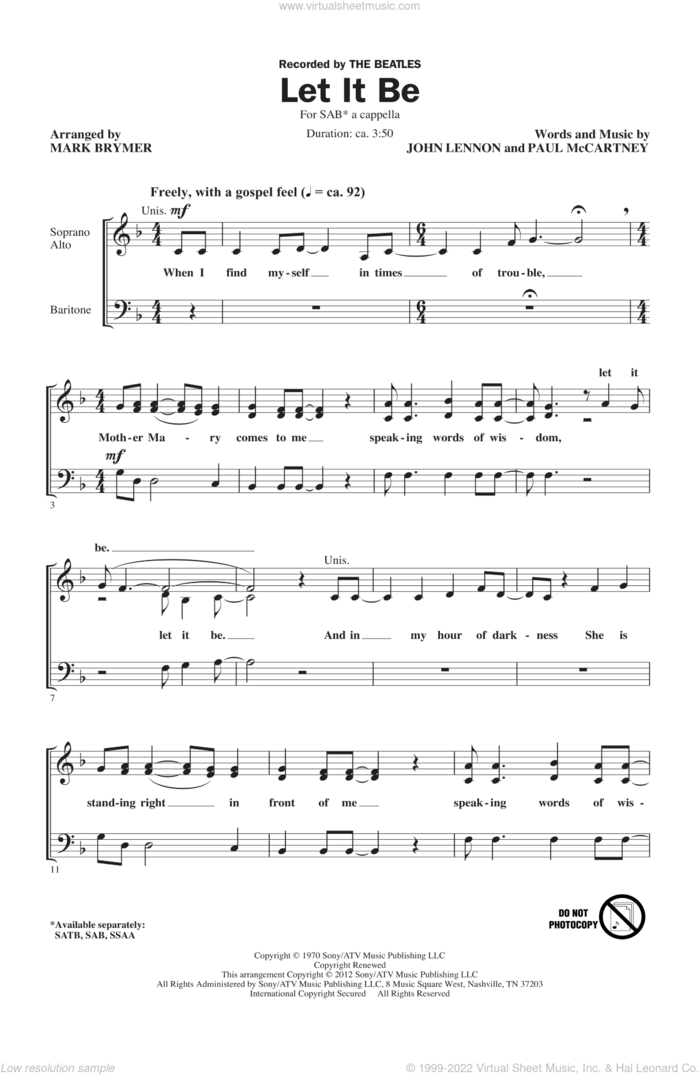 Let It Be (arr. Mark Brymer) sheet music for choir (SAB: soprano, alto, bass) by The Beatles, John Lennon, Mark Brymer and Paul McCartney, intermediate skill level