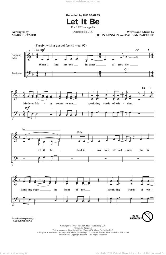 Let It Be (arr. Mark Brymer) sheet music for choir (SAB: soprano, alto, bass) by The Beatles, John Lennon, Mark Brymer and Paul McCartney, intermediate skill level