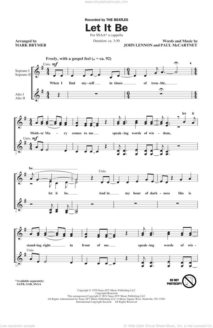 Let It Be (arr. Mark Brymer) sheet music for choir (SSA: soprano, alto) by The Beatles and Mark Brymer, intermediate skill level