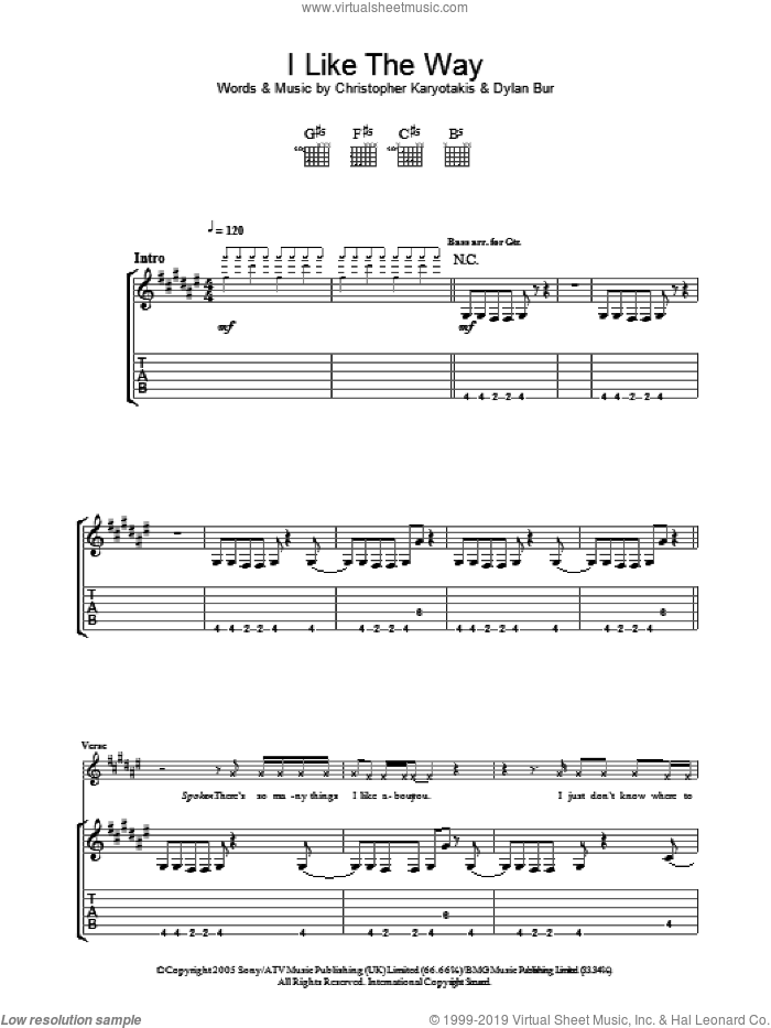 I Like The Way sheet music for guitar (tablature) by The Bodyrockers, Christopher Karyotakis and Dylan Burns, intermediate skill level
