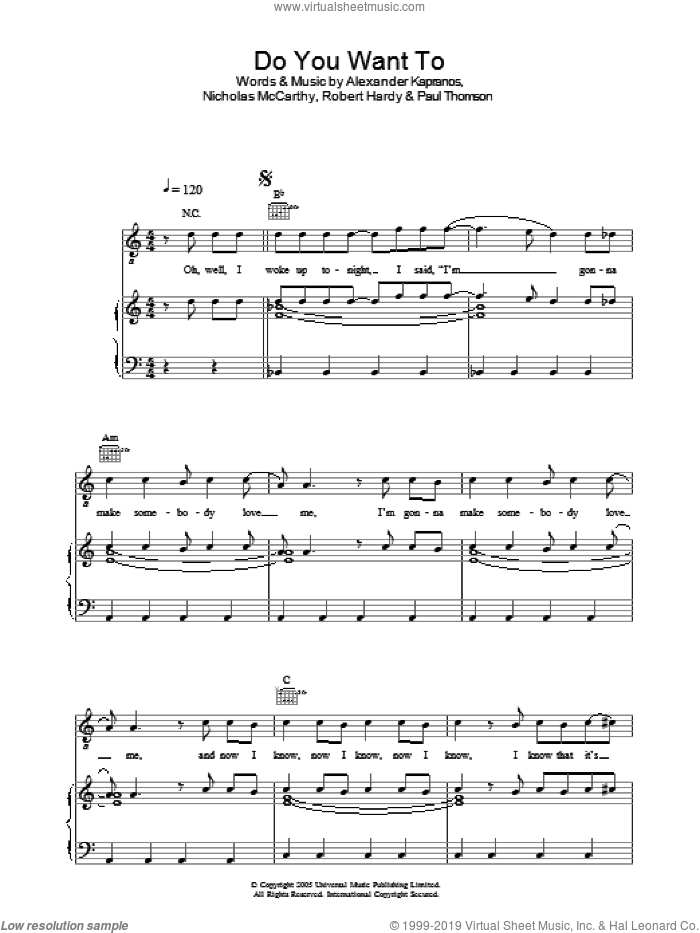 Do You Want To sheet music for voice, piano or guitar by Franz Ferdinand, Alexander Kapranos, Nicholas McCarthy, Paul Thomson and Robert Hardy, intermediate skill level