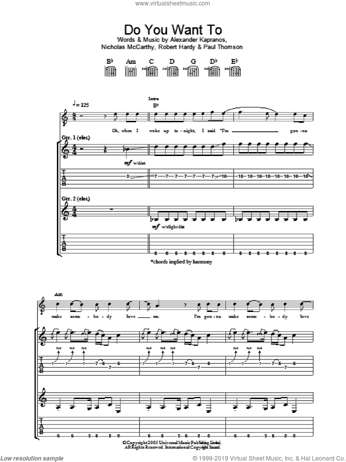 Do You Want To sheet music for guitar (tablature) by Franz Ferdinand, Alexander Kapranos, Nicholas McCarthy, Paul Thomson and Robert Hardy, intermediate skill level