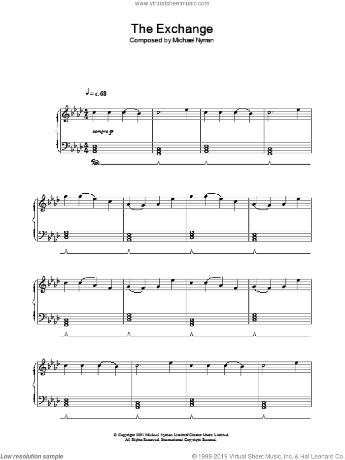 The Exchange (from The Claim) sheet music for piano solo by Michael Nyman, intermediate skill level