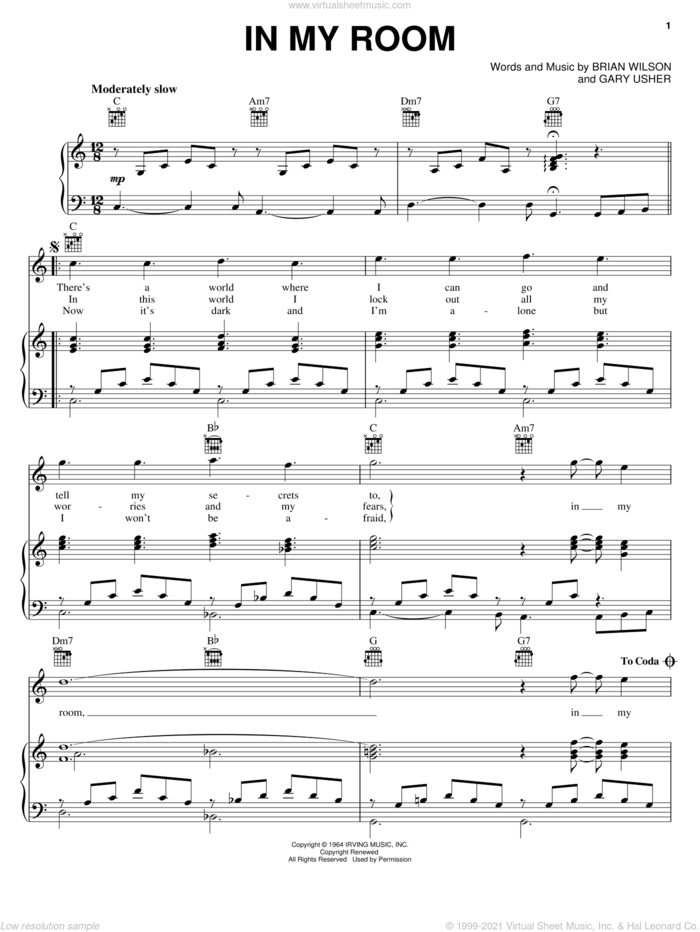 In My Room sheet music for voice, piano or guitar by The Beach Boys, Brian Wilson and Gary Usher, intermediate skill level