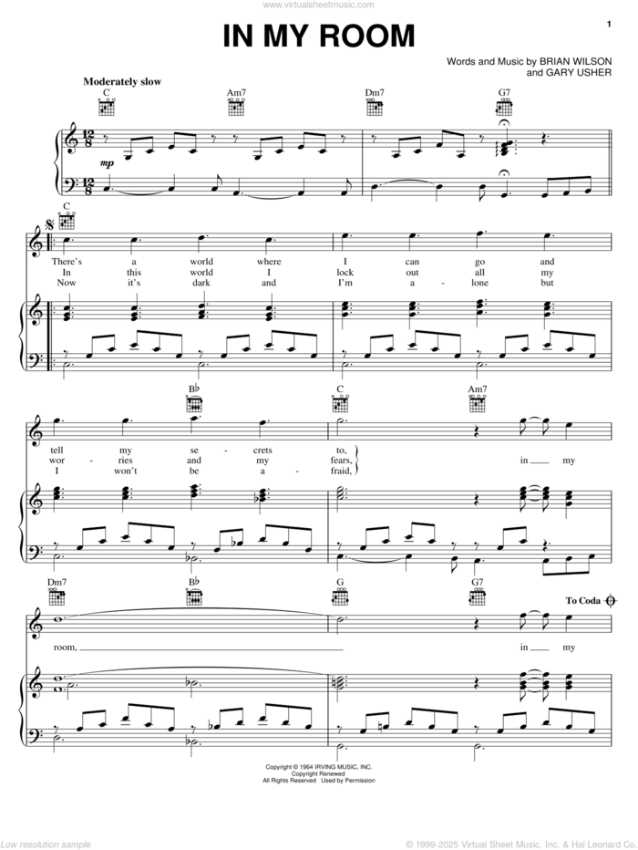 In My Room sheet music for voice, piano or guitar by The Beach Boys, Brian Wilson and Gary Usher, intermediate skill level