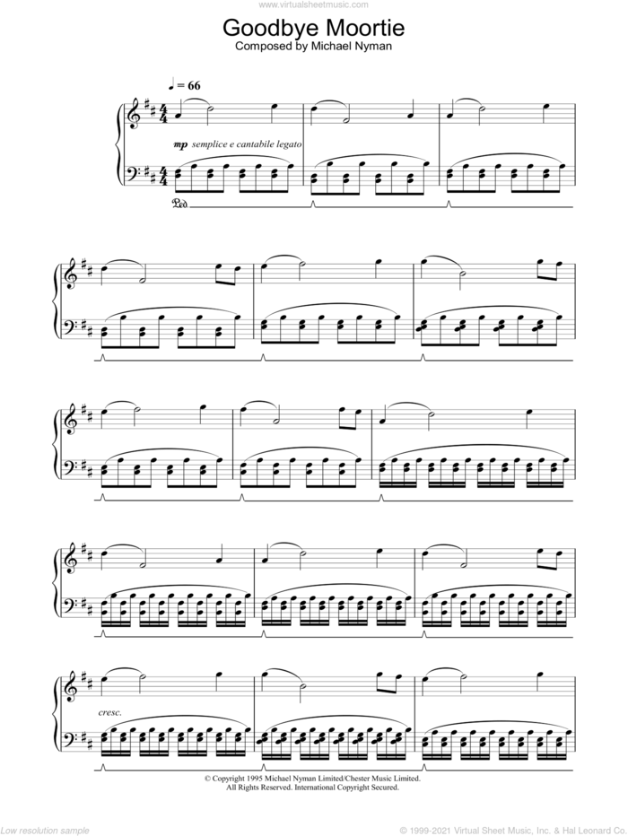 Goodbye Moortie (from The Diary Of Anne Frank) sheet music for piano solo by Michael Nyman, intermediate skill level