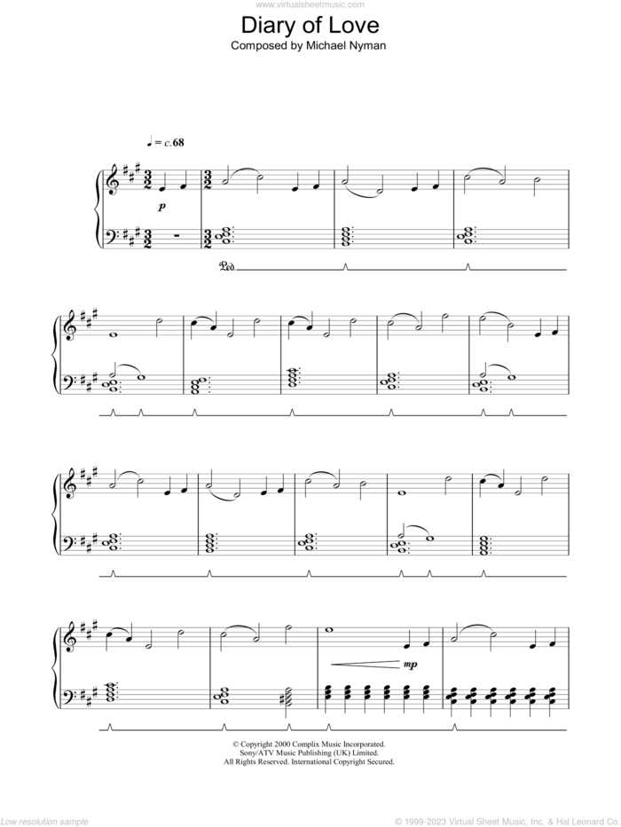 Diary Of Love (from The End Of The Affair) sheet music for piano solo by Michael Nyman, intermediate skill level