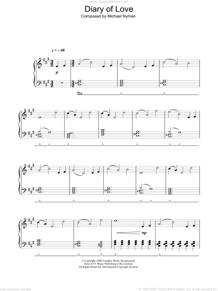 Diary Of Love (from The End Of The Affair) sheet music for piano solo by Michael Nyman, intermediate skill level