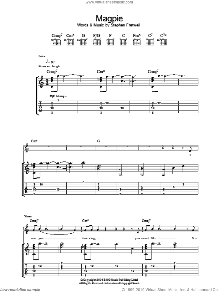 Magpie sheet music for guitar (tablature) by Stephen Fretwell, intermediate skill level