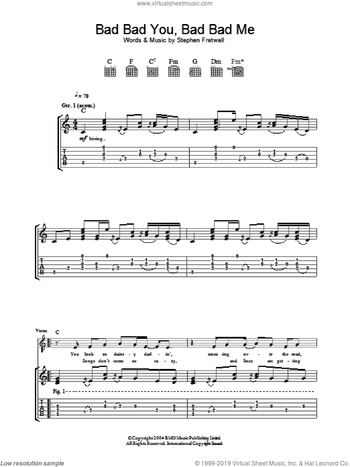 Bad Bad You, Bad Bad Me sheet music for guitar (tablature) by Stephen Fretwell, intermediate skill level