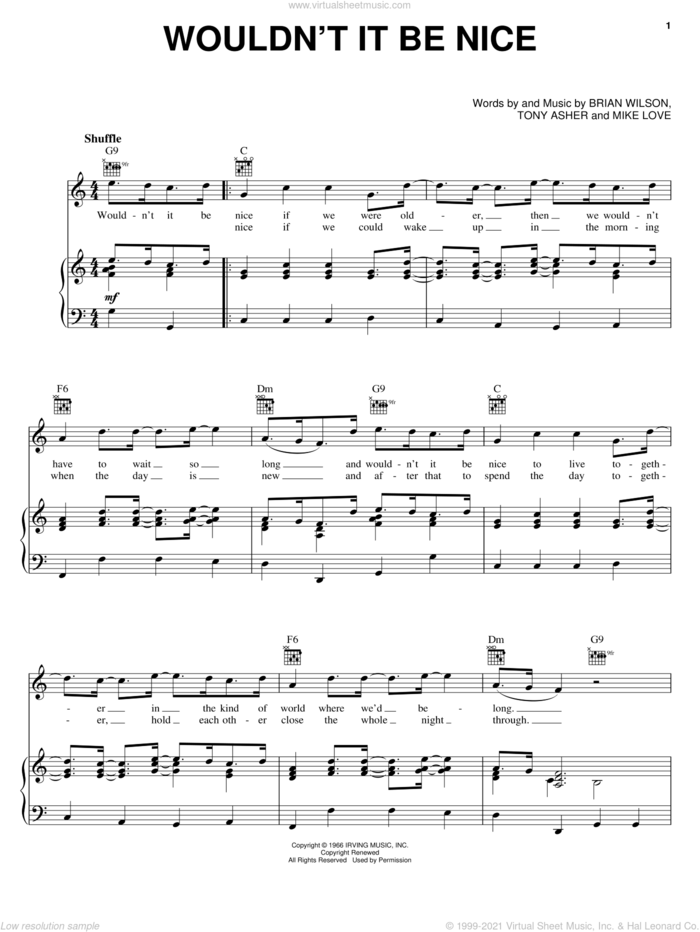Wouldn't It Be Nice sheet music for voice, piano or guitar by The Beach Boys, Brian Wilson, Mike Love and Tony Asher, intermediate skill level