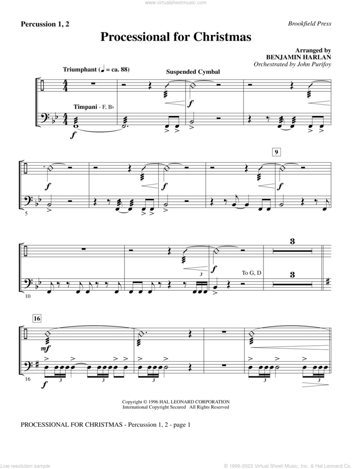 Processional For Christmas sheet music for orchestra/band (percussion 1 and 2) by Benjamin Harlan, intermediate skill level