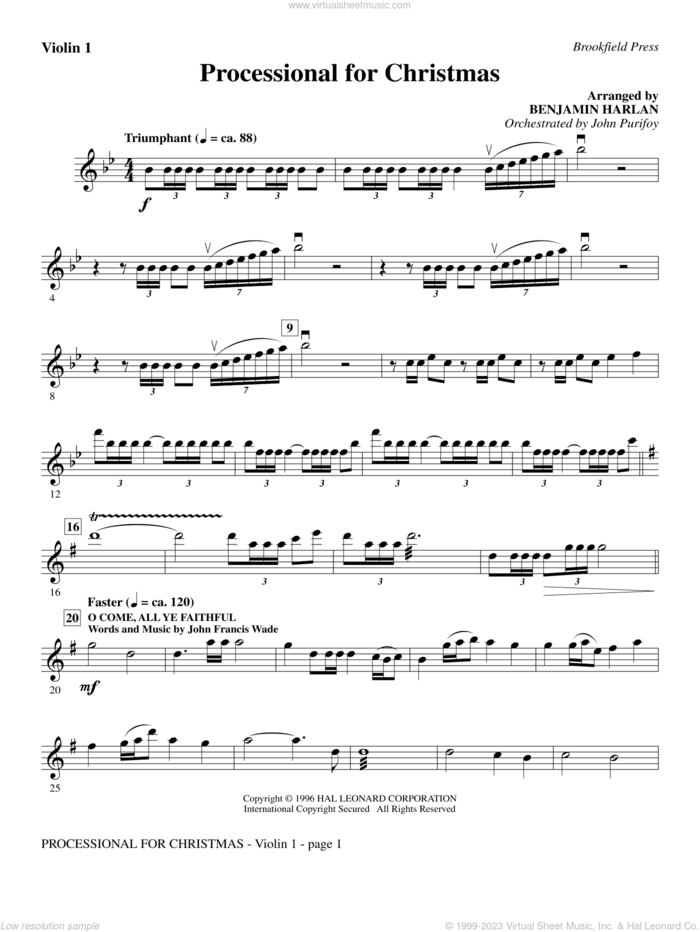 Processional For Christmas sheet music for orchestra/band (violin 1) by Benjamin Harlan, intermediate skill level