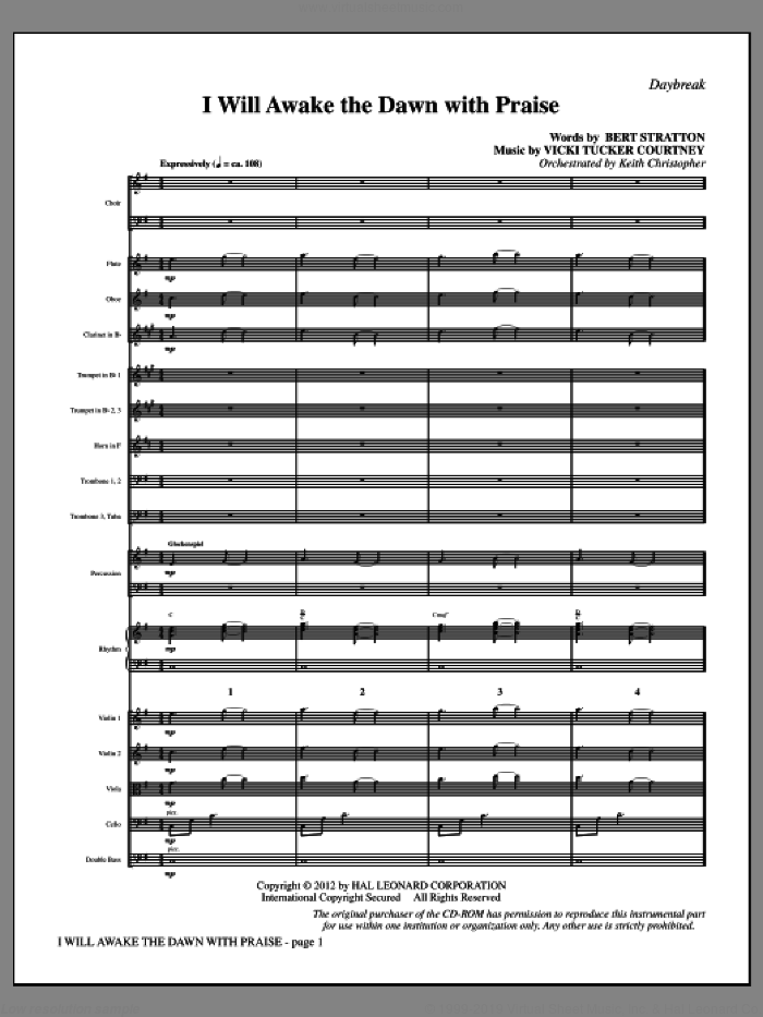 I Will Awake The Dawn With Praise sheet music for orchestra/band (full score) by Vicki Tucker Courtney and Bert Stratton, intermediate skill level