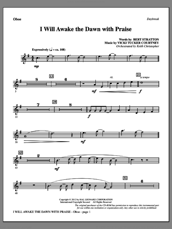 I Will Awake The Dawn With Praise sheet music for orchestra/band (oboe) by Vicki Tucker Courtney and Bert Stratton, intermediate skill level