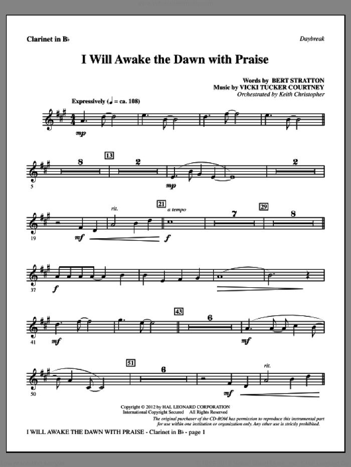 I Will Awake The Dawn With Praise sheet music for orchestra/band (Bb clarinet) by Vicki Tucker Courtney and Bert Stratton, intermediate skill level