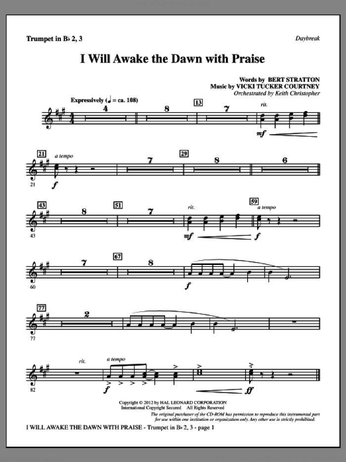 I Will Awake The Dawn With Praise sheet music for orchestra/band (Bb trumpet 2,3) by Vicki Tucker Courtney and Bert Stratton, intermediate skill level