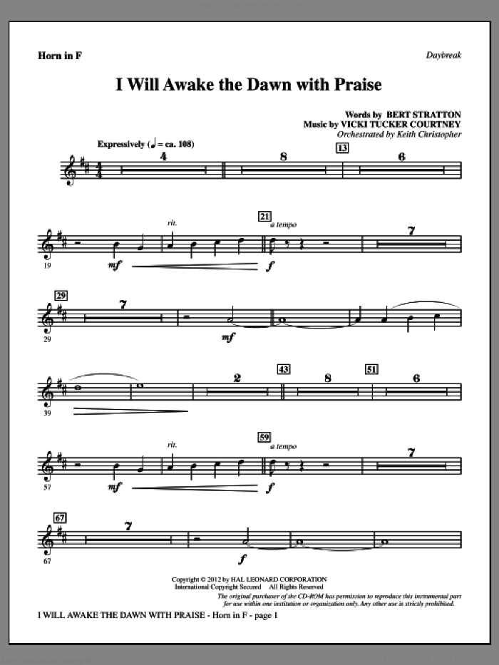 I Will Awake The Dawn With Praise sheet music for orchestra/band (f horn) by Vicki Tucker Courtney and Bert Stratton, intermediate skill level