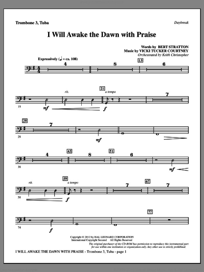 I Will Awake The Dawn With Praise sheet music for orchestra/band (trombone 3/tuba) by Vicki Tucker Courtney and Bert Stratton, intermediate skill level