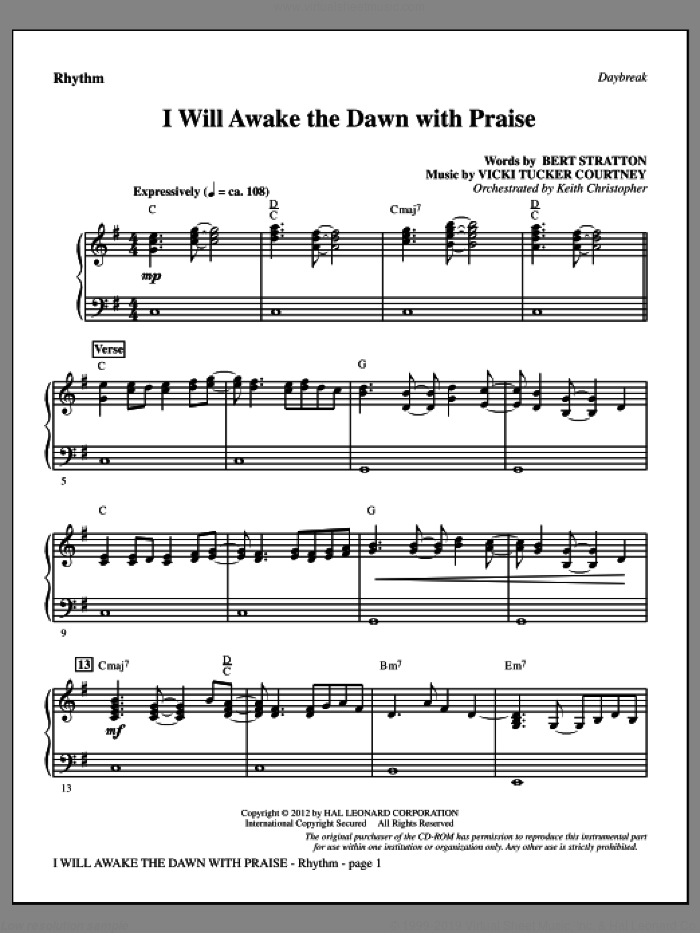 I Will Awake The Dawn With Praise sheet music for orchestra/band (rhythm) by Vicki Tucker Courtney and Bert Stratton, intermediate skill level
