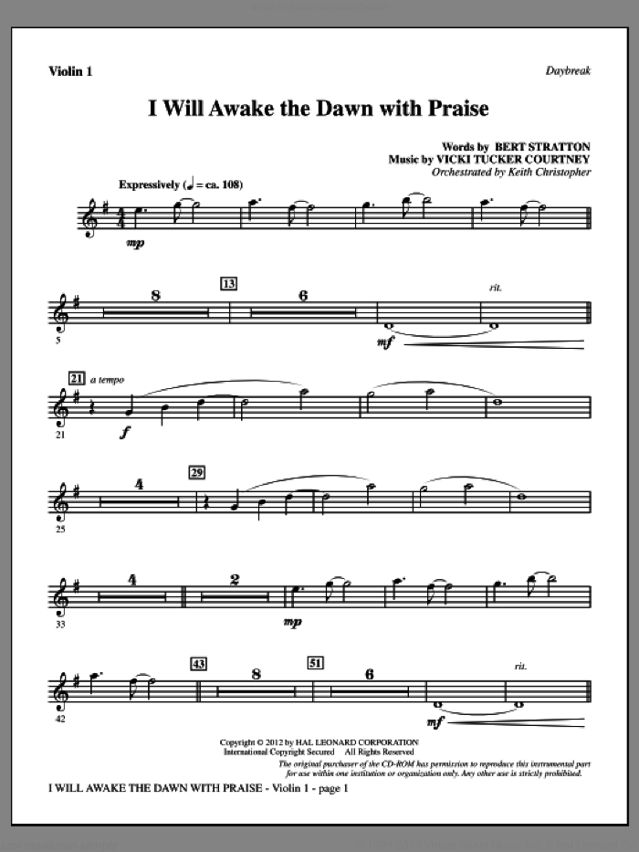 I Will Awake The Dawn With Praise sheet music for orchestra/band (violin 1) by Vicki Tucker Courtney and Bert Stratton, intermediate skill level