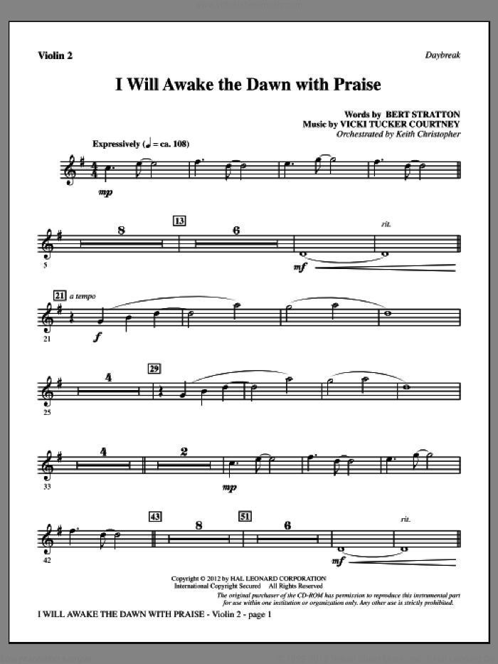 I Will Awake The Dawn With Praise sheet music for orchestra/band (violin 2) by Vicki Tucker Courtney and Bert Stratton, intermediate skill level