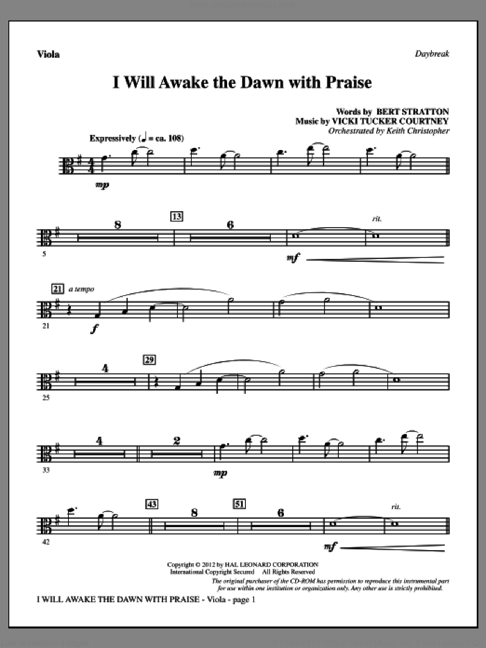 I Will Awake The Dawn With Praise sheet music for orchestra/band (viola) by Vicki Tucker Courtney and Bert Stratton, intermediate skill level