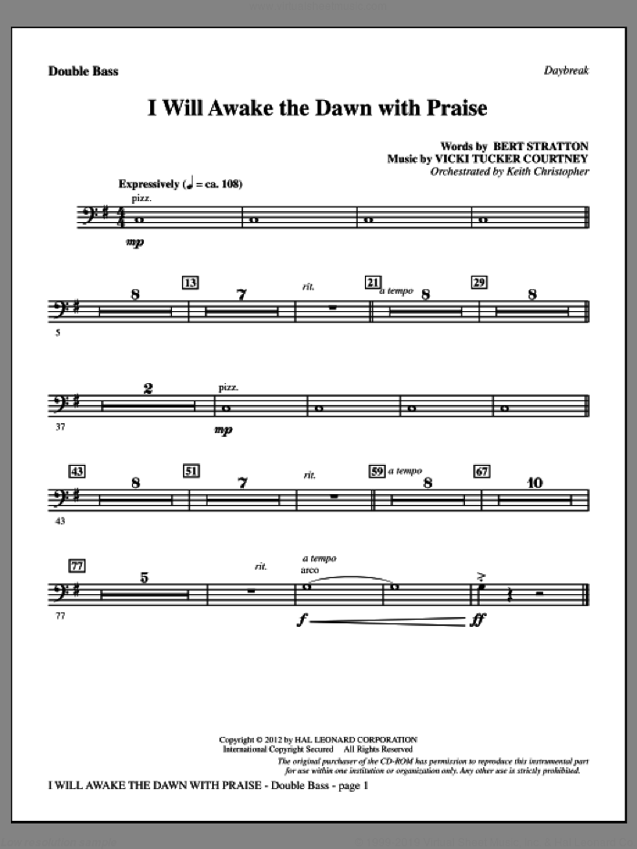 I Will Awake The Dawn With Praise sheet music for orchestra/band (double bass) by Vicki Tucker Courtney and Bert Stratton, intermediate skill level