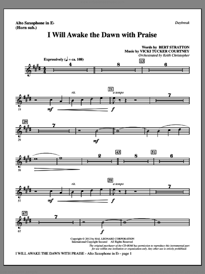 I Will Awake The Dawn With Praise sheet music for orchestra/band (alto sax, sub. horn) by Vicki Tucker Courtney and Bert Stratton, intermediate skill level