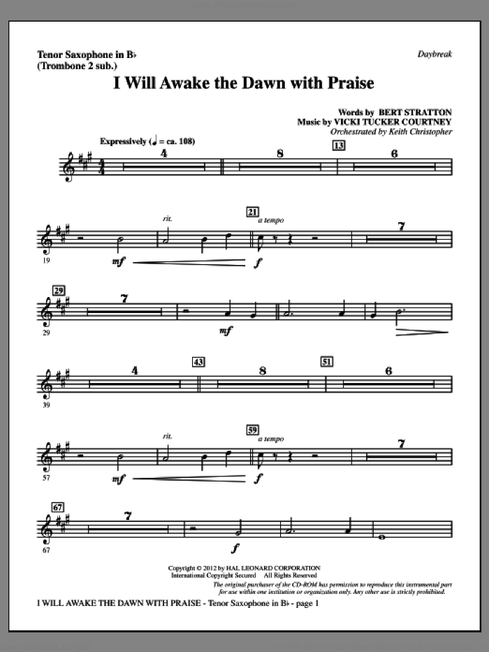 I Will Awake The Dawn With Praise sheet music for orchestra/band (tenor sax, sub. tbn 2) by Vicki Tucker Courtney and Bert Stratton, intermediate skill level
