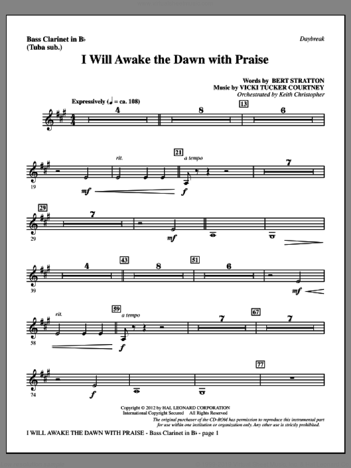 I Will Awake The Dawn With Praise sheet music for orchestra/band (bass clarinet, sub. tuba) by Vicki Tucker Courtney and Bert Stratton, intermediate skill level