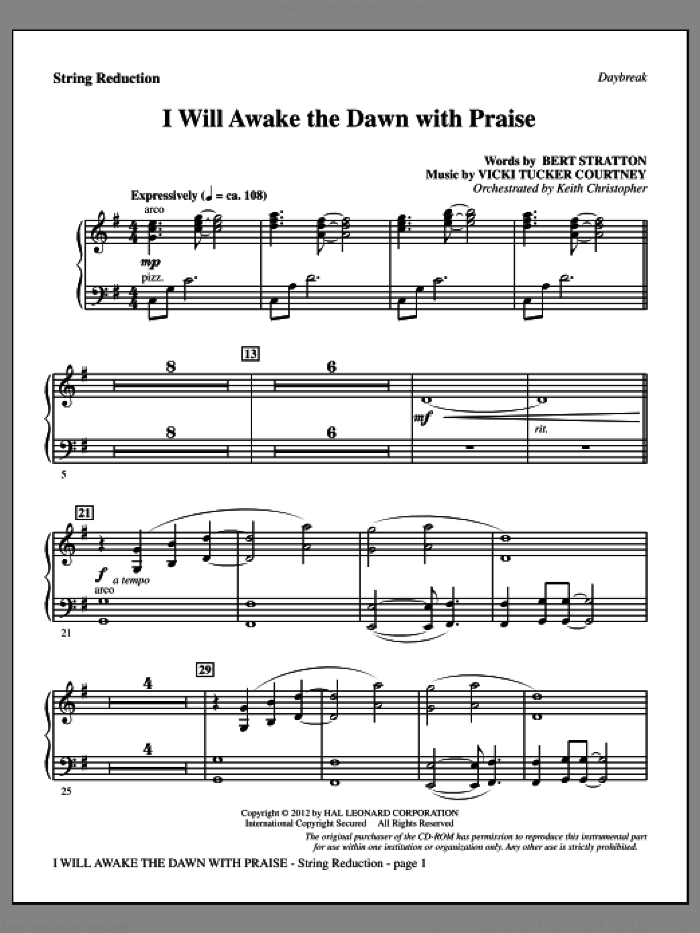 I Will Awake The Dawn With Praise sheet music for orchestra/band (keyboard string reduction) by Vicki Tucker Courtney and Bert Stratton, intermediate skill level