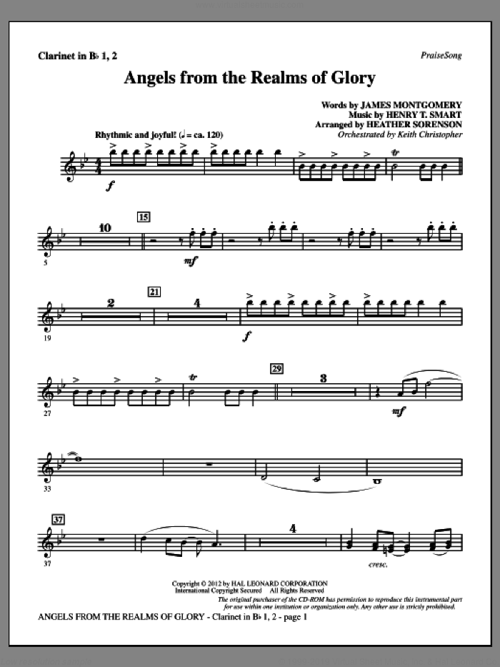 Angels From The Realms Of Glory sheet music for orchestra/band (Bb clarinet 1 and 2) by Henry T. Smart, Heather Sorenson and James Montgomery, intermediate skill level