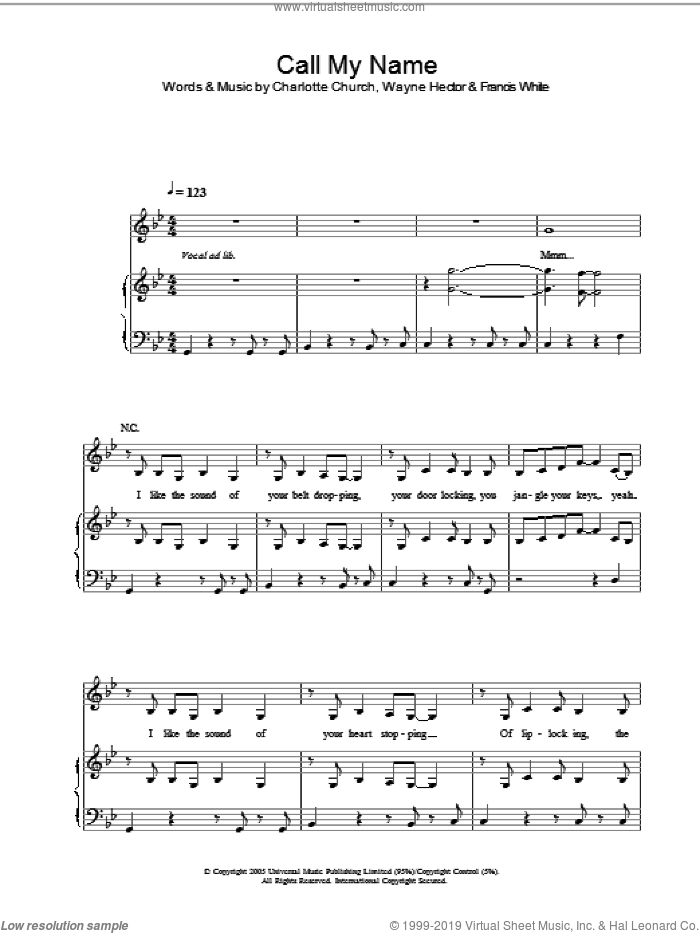 Call My Name sheet music for voice, piano or guitar by Charlotte Church, Francis White and Wayne Hector, intermediate skill level