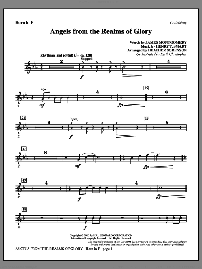 Angels From The Realms Of Glory sheet music for orchestra/band (f horn) by Henry T. Smart, Heather Sorenson and James Montgomery, intermediate skill level