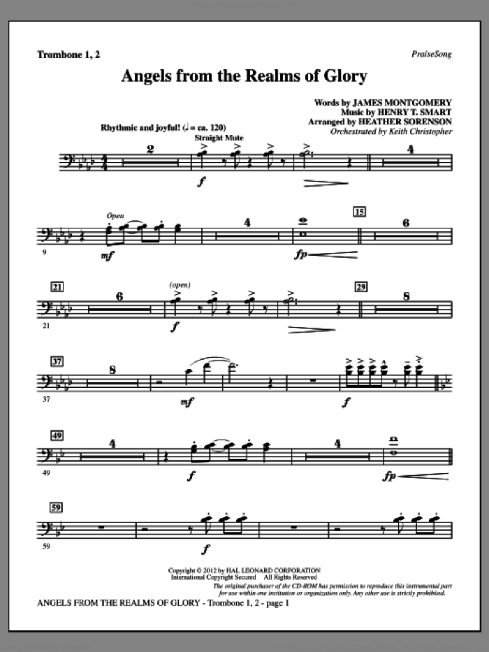 Angels From The Realms Of Glory sheet music for orchestra/band (trombone 1 and 2) by Henry T. Smart, Heather Sorenson and James Montgomery, intermediate skill level