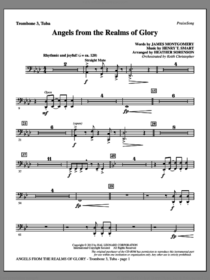 Angels From The Realms Of Glory sheet music for orchestra/band (trombone 3/tuba) by Henry T. Smart, Heather Sorenson and James Montgomery, intermediate skill level