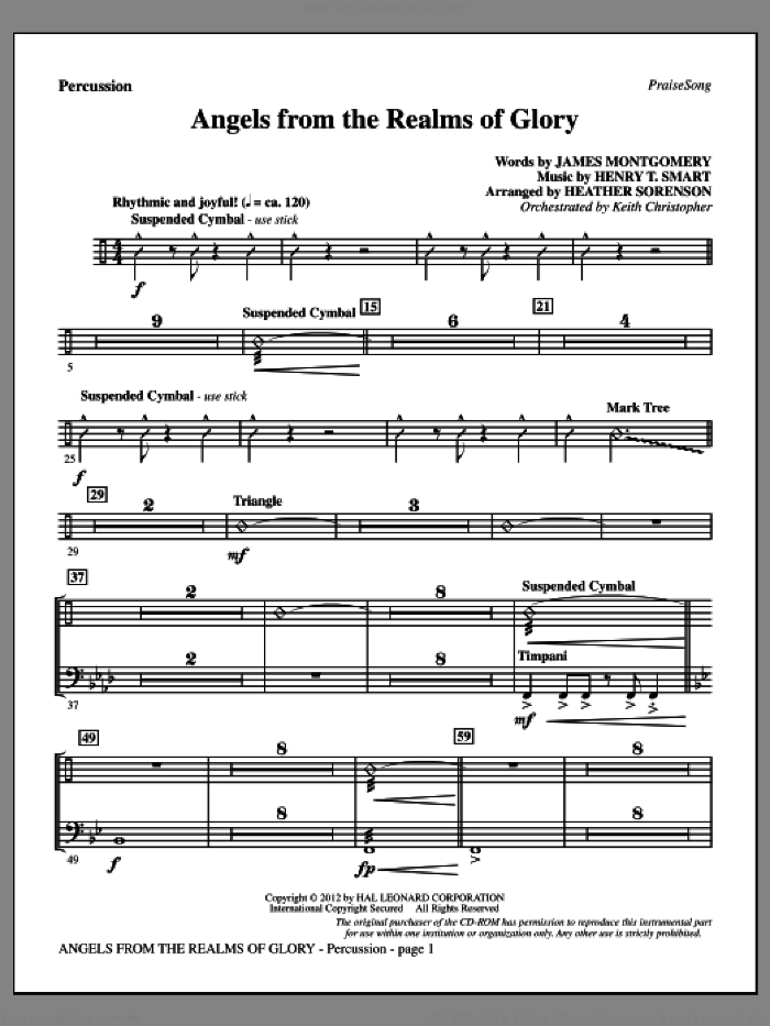 Angels From The Realms Of Glory sheet music for orchestra/band (percussion) by Henry T. Smart, Heather Sorenson and James Montgomery, intermediate skill level