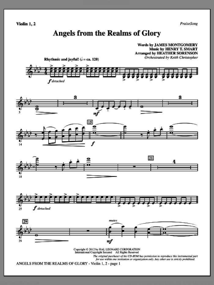 Angels From The Realms Of Glory sheet music for orchestra/band (violin 1, 2) by Henry T. Smart, Heather Sorenson and James Montgomery, intermediate skill level