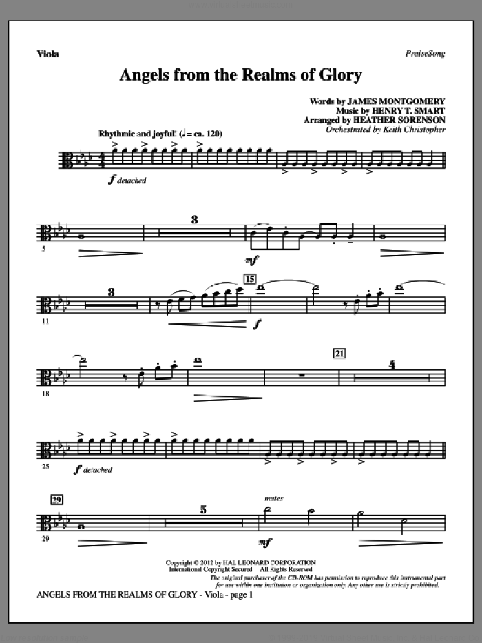 Angels From The Realms Of Glory sheet music for orchestra/band (viola) by Henry T. Smart, Heather Sorenson and James Montgomery, intermediate skill level