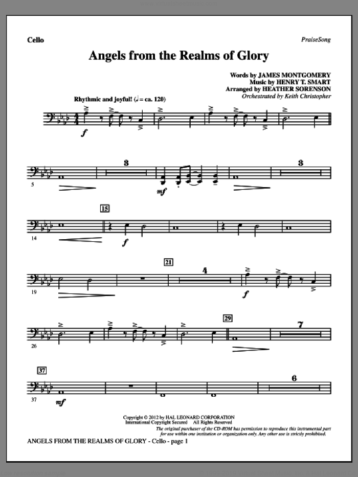 Angels From The Realms Of Glory sheet music for orchestra/band (cello) by Henry T. Smart, Heather Sorenson and James Montgomery, intermediate skill level