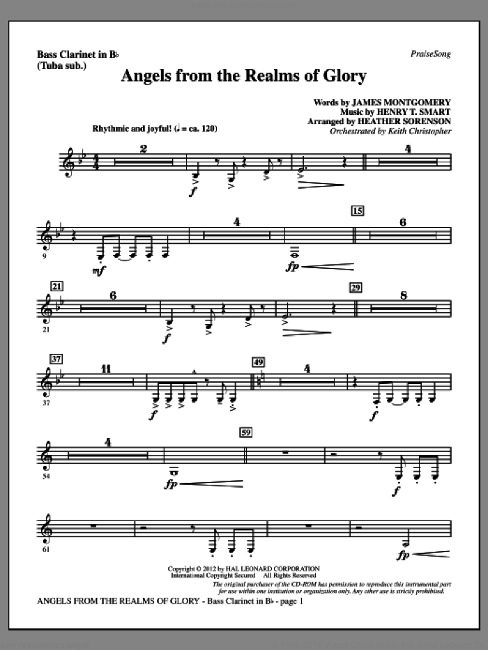 Angels From The Realms Of Glory sheet music for orchestra/band (bass clarinet, sub. tuba) by Henry T. Smart, Heather Sorenson and James Montgomery, intermediate skill level