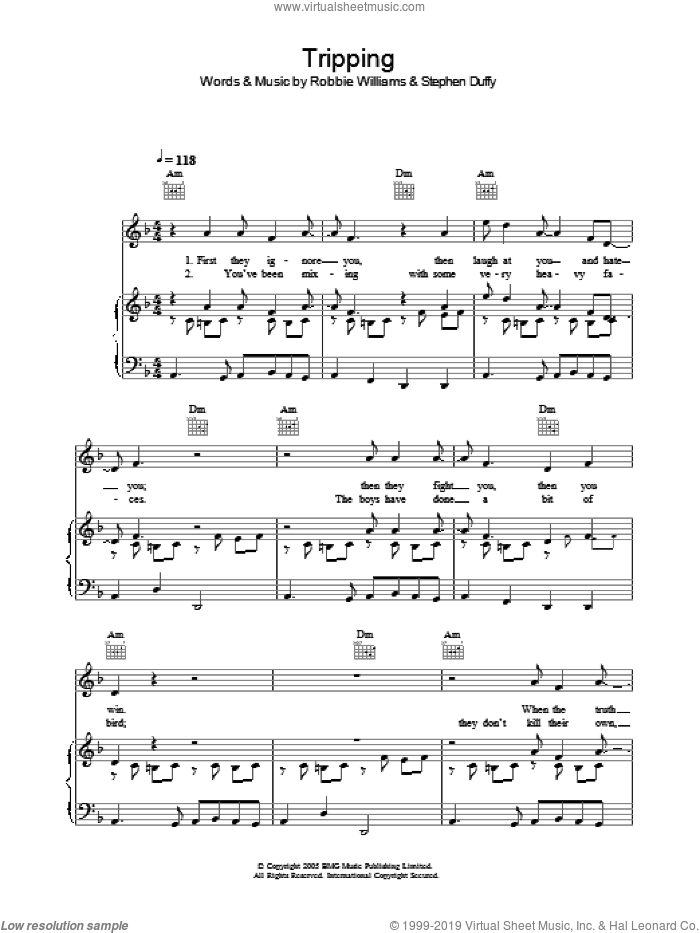 Tripping sheet music for voice, piano or guitar by Robbie Williams and Stephen Duffy, intermediate skill level