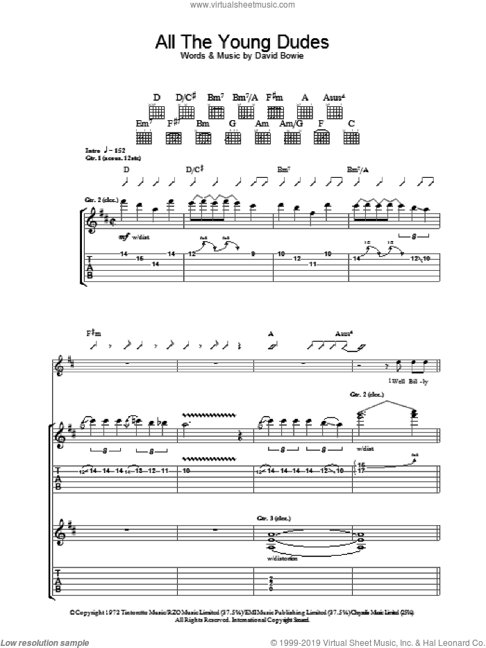 All The Young Dudes sheet music for guitar (tablature) by Mott The Hoople and David Bowie, intermediate skill level