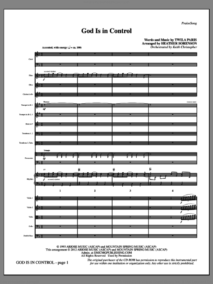 God Is In Control (arr. Heather Sorenson) (complete set of parts) sheet music for orchestra/band (Orchestra) by Heather Sorenson and Twila Paris, intermediate skill level