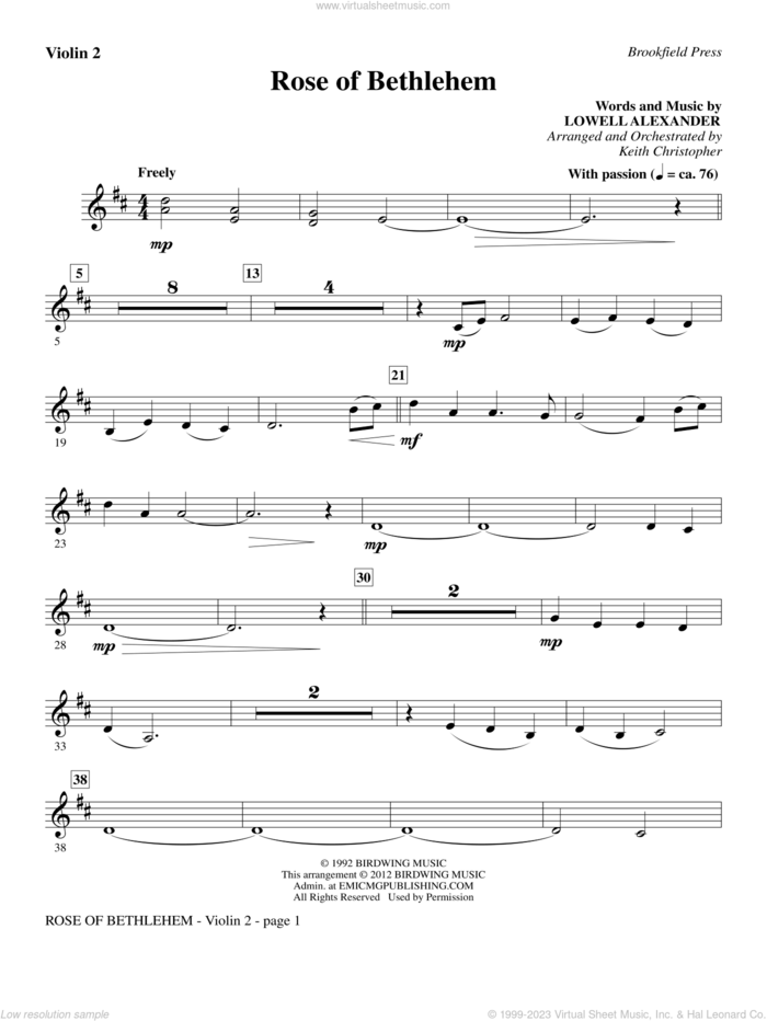 Rose Of Bethlehem sheet music for orchestra/band (violin 2) by Lowell Alexander, Keith Christopher and Selah, intermediate skill level