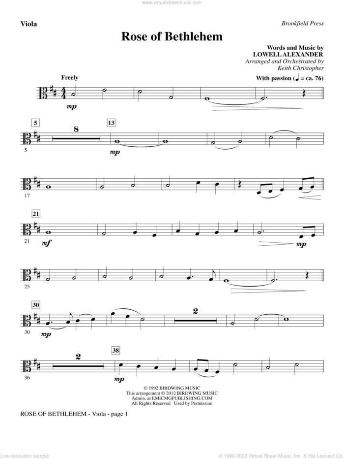 Rose Of Bethlehem sheet music for orchestra/band (viola) by Lowell Alexander, Keith Christopher and Selah, intermediate skill level