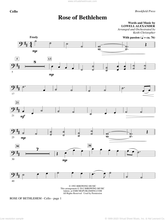 Rose Of Bethlehem sheet music for orchestra/band (cello) by Lowell Alexander, Keith Christopher and Selah, intermediate skill level
